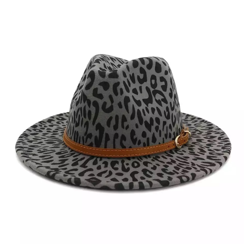 Gray black animal print Leopard print fashion fedora hat